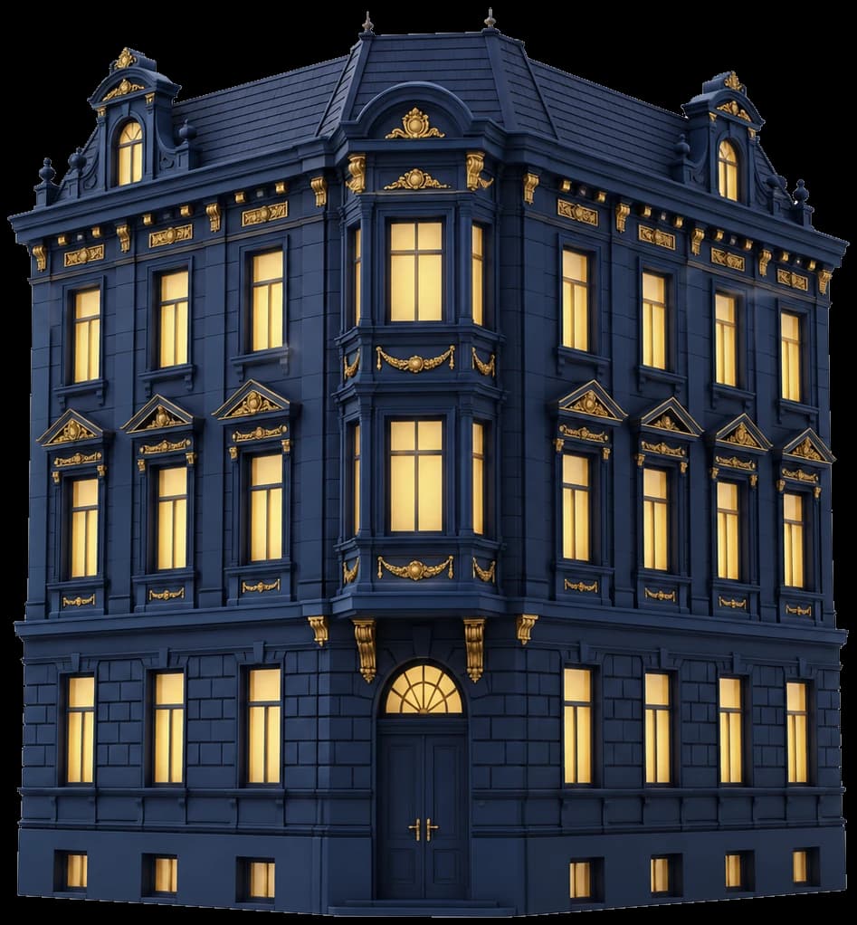 3D-Illustration: Wiener Altbau mit warm leuchtenden Fenstern