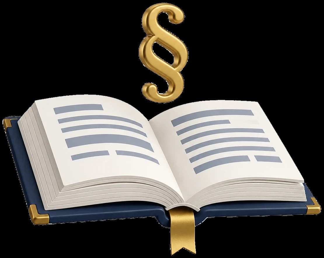 3D-Illustration: aufgeschlagenes Buch mit goldenem Paragrafen-Zeichen