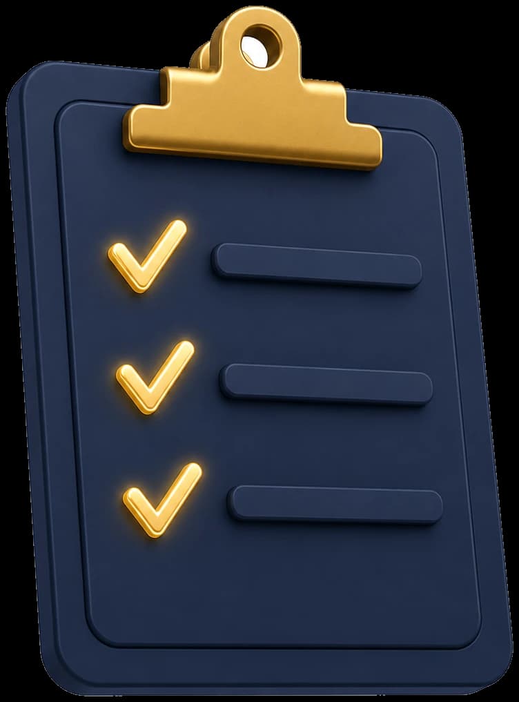 3D-Illustration: Prüf-Checkliste mit goldenen Häkchen