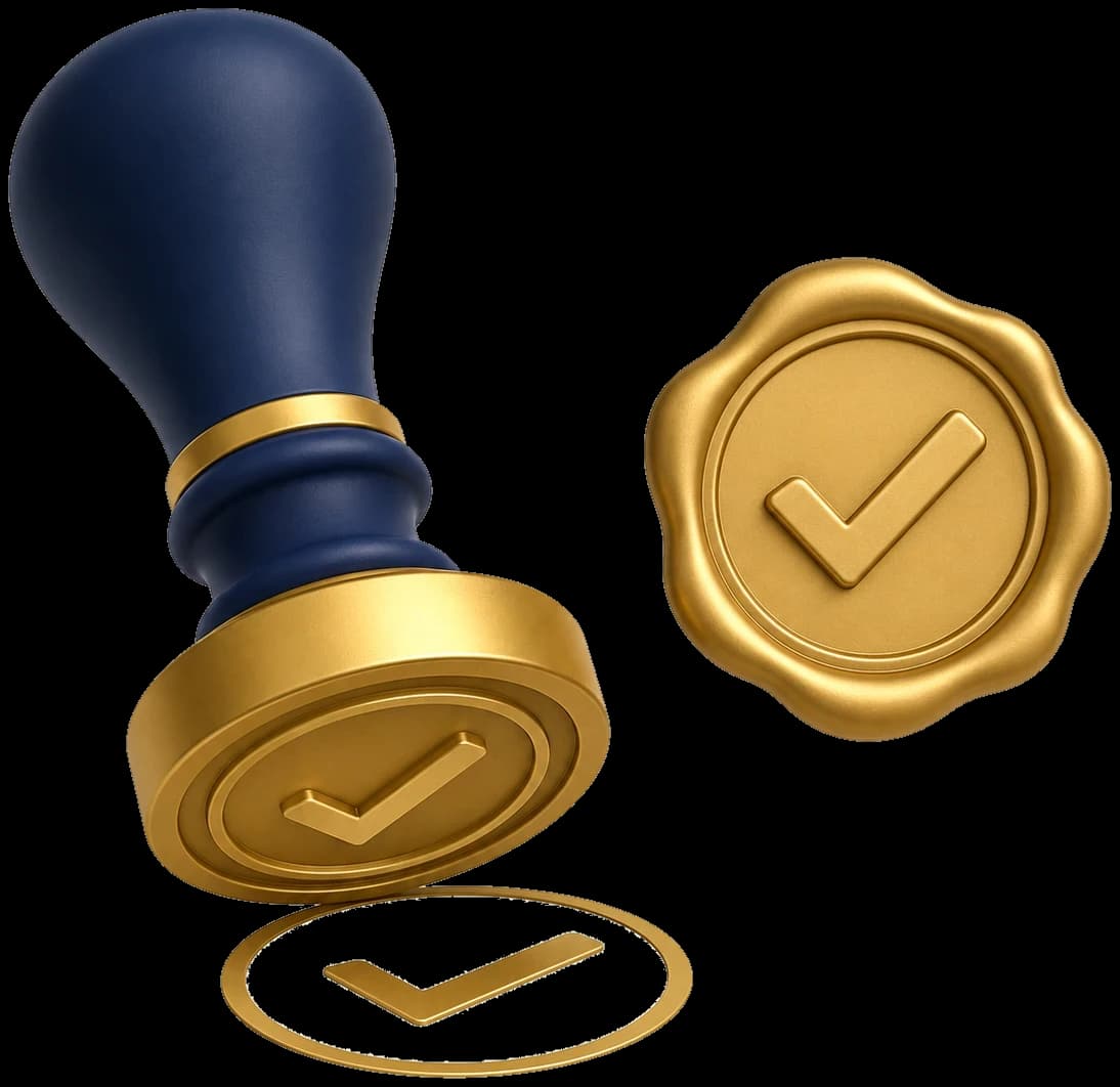 3D-Illustration: Stempel mit goldenem Prüfsiegel